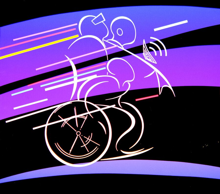 A stylized 1980s-style illustration of a wheelchair racer in motion, rendered in neon line art against bold graphic bands of colour.