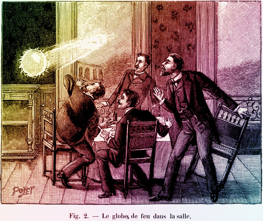 Hand-coloured 19th-century engraving of a glowing fireball hovering near a fireplace as four startled men in period suits react.