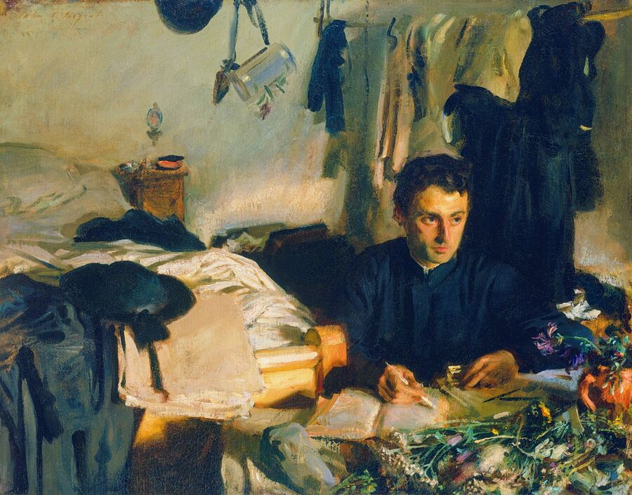 Oil painting of a dark-haired young man writing intently at a small desk in a cluttered, sunlit room.