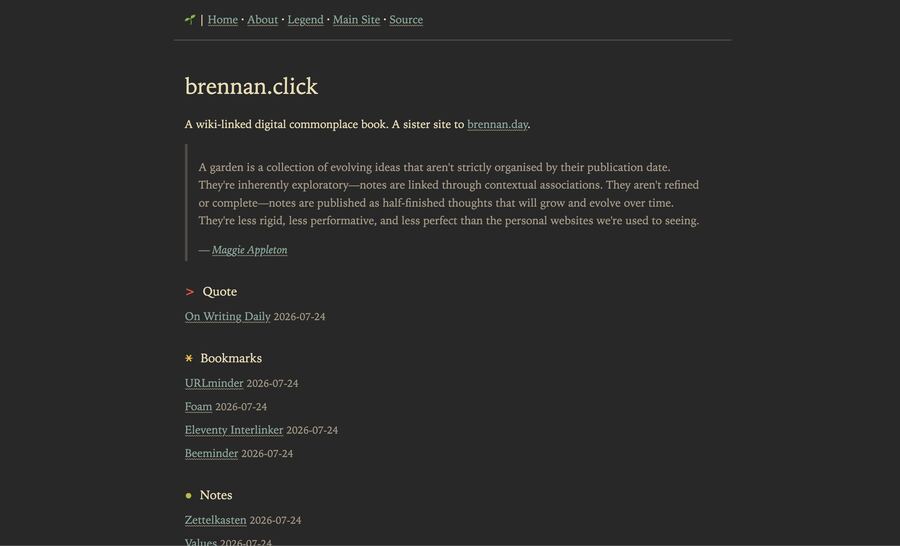 Screenshot of the brennan.click homepage, a dark-themed digital garden site with wiki-links, bookmarks, and dated notes sections.