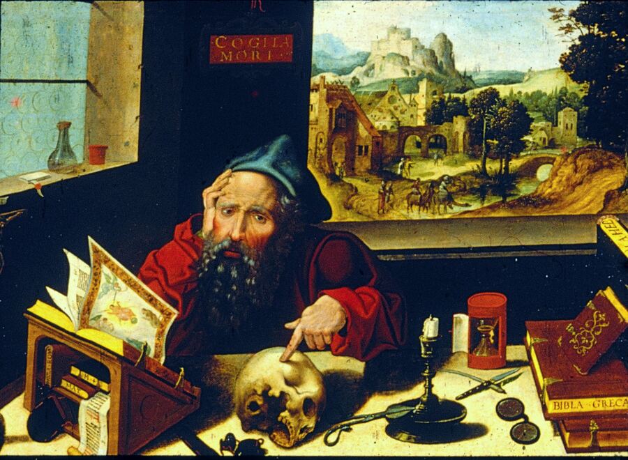 Northern Renaissance oil painting of an elderly bearded scholar in a red robe, seated at a cluttered desk with an hourglass, candle, and manuscripts.
