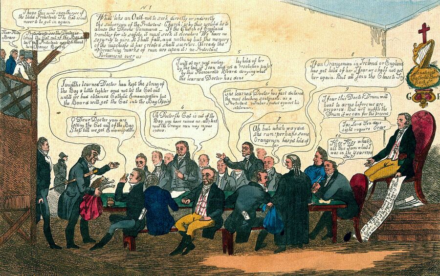 Hand-coloured 19th-century political cartoon of a crowded room of men in formal coats debating around a table, with numbered speech balloons rising above the group.